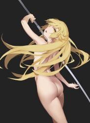 ass bakemonogatari black_background blonde_hair breasts completely_nude female highres icy02 katana long_hair looking_at_viewer monogatari_(series) nude oerba_yun_fang open_mouth oshino_shinobu simple_background small_breasts solo sword teeth upper_teeth_only weapon yellow_eyes