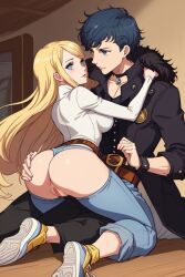 1boy ai_generated ass blonde_hair blue_eyes couple dark_blue_hair female morgana_(persona) original_character persona_5 pussy