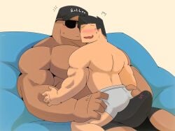 2boys ashantipillada_(artist) big_bulge blush bulge sitting_on_penis