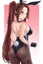 1female 1girls 5_fingers ass aurora back black_gloves boobs breasts brown_hair bunny_ears bunnysuit butt character_request copyright_request female female_focus female_only gloves kamisato_yuu long_brown_hair long_hair sideboob tagme_(character) tagme_(series)