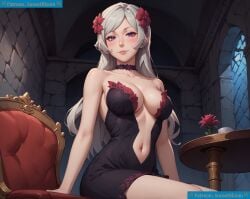 ai_assisted ai_background ai_clothes ai_generated_background ai_upscaled black_dress blush danmachi female flower_ornament freya_(danmachi) navel purple_eyes sitting solo sunsetbloom white_hair