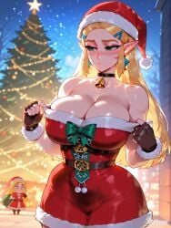 1girls ai_generated blonde_hair breasts christmas cleavage difuxer female female_only large_breasts light-skinned_female light_skin princess_zelda solo the_legend_of_zelda thighs wide_hips