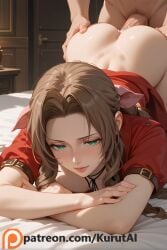 1boy aerith_gainsborough ai_generated ass bed blush bottomless brown_hair cropped_jacket dress female final_fantasy_vii green_eyes heart-shaped_pupils jacket long_dress long_hair looking_at_viewer male_pubic_hair on_bed penis pink_bow pink_dress ponytail pubic_hair red_jacket sex sex_from_behind sheet_grab solo_focus straight top-down_bottom-up