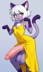 :3 ai_generated bottomless catgirl furry_female futanari giant_penis gigantic_testicles purple_fur skinny sundress white_hair yellow_dress