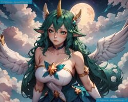 ai_assisted ai_background ai_clothes ai_generated ai_generated_background ai_upscaled big_breasts blush costume elf_ears female green_eyes hair_ornament horn league_of_legends solo soraka sunsetbloom wings