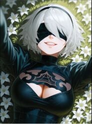 , 1girls ai_generated black_dress close-up covered_eyes female female_focus female_only mature_female nier:_automata on_back original_character outstretched_arms smile solo solo_female solo_focus white_hair white_hairband yorha_2b