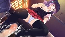 16:9 blush breasts cameltoe censored classroom desk eleonora_vletoblood evening feet female footjob game_cg hinasaki looking_down maternity_monsters!_~dekichaimashita!~ no_shoes panties penis purple_hair school_desk school_uniform short_hair sitting skirt smile underwear