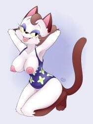 animal_crossing areola breasts cleavage clothed clothing exposed_breasts felid feline female half-closed_eyes hi_res mammal markings minxydoodle mole_(marking) narrowed_eyes nintendo nipples olivia_(animal_crossing) pinup pose sitting solo villager_(animal_crossing)