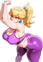 1girls ai_generated blonde_hair breasts difuxer female female_only gym_clothes large_breasts light-skinned_female light_skin mario_(series) princess_peach solo thick_thighs thighs white_background wide_hips