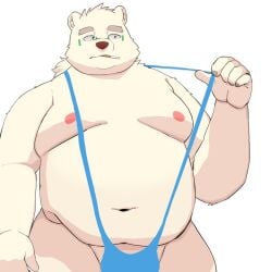 1boy 1furry 1male anthro anthro_on_anthro bara blue_mankini buff chubby chubby_male cigarette cigarette_in_mouth furry furry_only gay male male_only mankini sexy smoking smoking_cigarette white_bear white_body white_fur white_skin