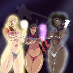 3girls alternate_version_available aura black_hair blonde_female blonde_hair breasts captain_marvel carol_danvers chubby cropped_shirt dark-skinned_female dark_nipples front_view kamala_khan kinkylion light-skinned_female looking_at_viewer marvel marvel_cinematic_universe marvel_comics medium_breasts monica_rambeau ms._marvel ms._marvel_(kamala_khan) panties partially_clothed photon_(marvel) scarf superheroine watermark