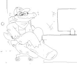 2023 alligator alligatorid anthro balls baseball_cap big_balls big_penis black_and_white blush chair clothing crocodilian desk digital_media_(artwork) electronics furniture genitals hat headgear headwear huge_balls huge_cock hyper hyper_balls hyper_genitalia hyper_penis kerchief later_alligator line_art male monitor monochrome neckerchief neckwear office_chair pat_(later_alligator) pawplants penis pillowfight reptile scalie simple_background sitting smallbu solo table teeth white_background