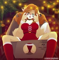 1girls animated box carpet christmas christmas_lights christmas_outfit christmas_tree eipril elisabeth_(eipril) fur furry gift_wrapped inside_box medium_breasts shorter_than_10_seconds tail video