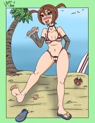 barefoot beach bikini bra brown_hair canine embarrassed fellatio_gesture female panties pubic_hair small_breasts solo_female tongue_out vamp666s