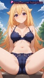 1girls ahoge ai_generated anime anime_style bangs bare_shoulders blonde_hair blue_bra blue_panties blue_sky blush bow_panties bra breasts bust busty cameltoe cleavage closed_mouth cloud collarbone crossed_bangs crotch day female female_focus female_only hair_between_eyes hair_flaps hentai koshi_torako lace-trimmed_bra lace_trim large_breasts lingerie long_hair looking_at_viewer medium_breasts my_deer_friend_nokotan natsuyoru navel outdoors panties pantsu purple_eyes sitting sky smile solo solo_female spread_legs stomach thighs underwear underwear_only very_long_hair voluptuous voluptuous_female