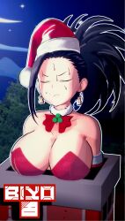 1girls 3d 3d_(artwork) big_ass big_breasts biyo black_hair chimney christmas christmas_outfit cleavage embarrassed heroine humiliation momo_yaoyorozu my_hero_academia night stuck