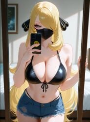 , 1girls ai_generated big_breasts covering_one_eye cynthia_(pokemon) female female_focus female_only hair_covering_one_eye holding_object huge_breasts large_breasts mature_female original_character phone pokemon pokemon_(species) selfie solo solo_female solo_focus