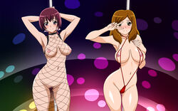 2girls armpits arms_up bikini blush bodystocking breasts brown_eyes fishnet_bodystocking fishnets highres hoshizora_ikuyo kise_chiharu long_hair looking_at_viewer medium_breasts micro_bikini milf multiple_girls navel nippleless_clothes nipples nude orange_hair pole precure pretty_cure pubic_hair purple_hair sling_bikini smile smile_precure standing stripper stripper_pole swimsuit v yosio