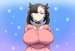 1girls ai_generated alternate_breast_size black_hair christmas huge_breasts large_breasts marnie_(pokemon) mullon novelai pokemon pokemon_ss smile snow solo