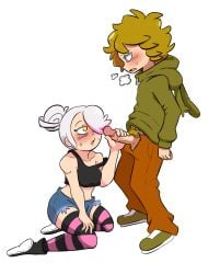 1boy 1girls blowjob fnafhs fnafhsrule34 grabbing_penis kneeling meg_(fnafhs) pleasure_face springtrap_(fnafhs) white_hair yellow_eyes z3star