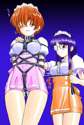 2girls anna_miller arms_behind_back blouse blush bob_cut bondage breast_bondage closed_eyes collar crotch_rope embarrassed emiri_(spark_utamaro) femdom femsub glasses hime_cut maid_cap multiple_girls nonude original panties pantyshot purple_hair red_eyes red_hair rope skirt spark_utamaro tomo_(spark_utamaro) trembling waitress yuri