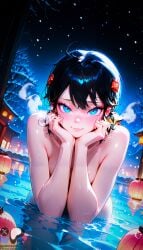 ai_generated black_hair blue_eyes chinese_lantern female hands_on_face hotsprings marvel_rivals minokai naked_female outdoors peni_parker_(marvel_rivals) self_upload solo_female submerged_in_water