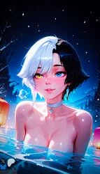 ai_generated black_hair female heterochromia hotspring luna_snow_(marvel_rivals) marvel_rivals minokai mutlicolored_hair naked_female self_upload smiling_at_viewer submerged_in_water white_hair