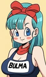 ai_generated big_breasts blue_eyes blue_swimsuit blush_stickers bow_in_hair bulma_briefs clothed cyan_hair dragon_ball female looking_at_viewer orange_background pixai red_bow red_collar smile smiling_at_viewer solo swimsuit