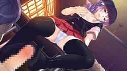 16:9 blush breasts cameltoe censored classroom desk eleonora_vletoblood evening feet female footjob game_cg hinasaki looking_down maternity_monsters!_~dekichaimashita!~ no_shoes panties penis purple_hair school_desk school_uniform short_hair sitting skirt smile underwear