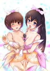 2girls areolae between_breasts black_hair blue_eyes blush breasts brown_eyes brown_hair choker highres large_breasts legs long_hair looking_at_viewer maruwa_tarou microphone multiple_girls naughty_face nipples no_bra no_panties object_between_breasts open_mouth pointless_censoring ponytail pubic_hair pussy saliva short_hair simple_background standing tears thighs tied_hair tongue tongue_out wince wrist_cuffs