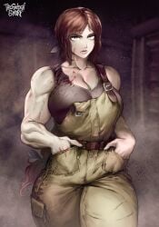 abella_(fear_and_hunger) big_breasts blood blood_on_face blood_stain cleavage fear_and_hunger fear_and_hunger:_termina female female_only fully_clothed hands_in_pockets long_hair looking_at_viewer low-tied_long_hair muscular muscular_female overalls red_hair solo tank_top thegoldensmurf thick_thighs torn_clothes wide_hips