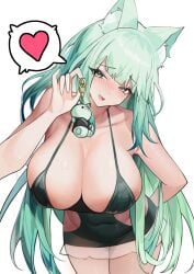 animal_ear_fluff animal_ears arknights bare_shoulders black_one-piece_swimsuit blush breasts casual_one-piece_swimsuit cat_ears charm_(object) cleavage collarbone covered_navel cowboy_shot female green_eyes green_hair harmonie_(arknights) head_tilt heart henz highres holding huge_breasts leaning_forward long_hair looking_at_viewer one-piece_swimsuit simple_background solo speech_bubble spoken_heart swimsuit very_long_hair white_background