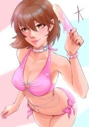 1girls blush breast_focus breasts brown_hair choker cute cute_face ear_piercing earrings female female_only looking_at_viewer megami_tensei persona persona_3 pink_swimsuit popsicle red_draws short_hair solo solo_female swimsuit yukari_takeba