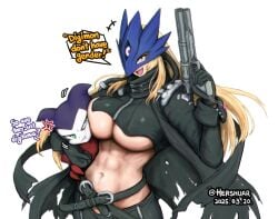 1boy 1girls 3_eyes abs beelstarmon between_breasts black_lipstick blonde_hair blush digimon digimon_(species) fat_breasts female green_eyes gun hershuar holding_weapon impmon large_breasts long_hair looking_at_viewer male mask monster_girl multi_eye open_mouth purple_eyes six_pack smiling smiling_at_viewer thick_thighs underboob