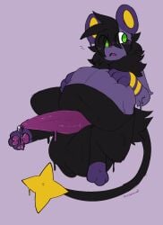 2025 3_toes balls belly big_balls big_belly big_penis black_body black_fur blush bodily_fluids cheek_tuft facial_tuft feet fur generation_4_pokemon genital_fluids genitals goo_creature green_eyes head_tuft hi_res huge_balls huge_cock hyper hyper_balls hyper_genitalia hyper_penis luxio male nintendo open_mouth pantomime_(transtorracat) pawpads penis pokemon pokemon_(species) precum purple_body purple_fur purple_pawpads tapering_penis toes transtorracat tuft