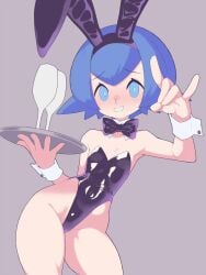 1female 1girls blue_eyes blue_hair blush blush_lines bowtie bunny_ears bunny_girl bunnysuit female female_focus female_only flat_chest flat_chested glass hips kaikoinu lana_(pokemon) leotard looking_at_viewer platter playboy_bunny pokemon pokemon_sm short_hair silver_platter smile smiling smiling_at_viewer teeth thighs