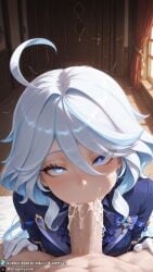 1girls ahe_gao ahegao_face ai_generated blowjob blue_eyes blue_hair breasts cheek_bulge clothed clothed_female cum cum_in_mouth curvy curvy_body curvy_female deepthroat dreamyan_ai fellatio furina_(genshin_impact) genshin_impact hi_res high_quality high_resolution highres indoors long_hair looking_at_viewer male_pov medium_breasts oral oral_sex petite pleasure_face pov small_breasts thick_ass thick_thighs thighs uncensored white_hair