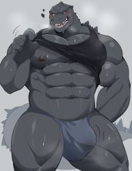 2025 abs anthro areola barazoku biceps big_bulge big_muscles blush bodily_fluids breath bulge clothed clothing deltoids front_view godzilla godzilla_(series) grey_background heart_symbol hi_res huge_bulge huge_muscles kaiju kemono kuroamekemo looking_at_viewer male manly monster motion_lines muscular muscular_anthro muscular_male navel nipples non-mammal_nipples open_mouth pecs quads raised_clothing raised_shirt raised_tank_top raised_topwear reptile scales scalie seductive serratus shirt simple_background solo standing sweat tank_top teeth thick_arms thick_thighs thong toho topwear underwear