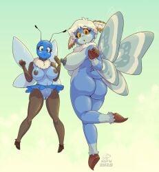 2025 4_fingers 5_fingers antennae_(anatomy) anthro areola arthropod artist_logo ass back_wings big_breasts big_butt black_antennae black_areola black_body black_nipples black_skin blue_body blue_clitoris blue_eyes blue_pussy blue_skin breasts brown_eyes butterfly clitoris countershade_face countershade_torso countershading curvy_figure directed_motion_outline duo eyebrow_through_hair eyebrows eyelashes female fingers flying fur genitals gloves_(marking) gradient_background green_background hair hi_res insect_wings insects leg_markings lepidopteran lepidopteran_wings logo looking_at_viewer markings moth neck_tuft nipples nude open_mouth pink_tongue plantigrade pussy sammfeatblueheart segmented_arms signature simple_background socks_(marking) tongue translucent translucent_hair tuft voluptuous white_body white_fur white_hair wings yellow_sclera