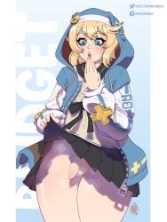 1girl androgyne_symbol androgynous balls blonde_hair bridget female female_focus female_only girly guilty_gear hoodie penis presenting_penis pulling_up_skirt skirt skirt_lift teenager trans_woman trans_woman_(lore) transfem violetmanguinha
