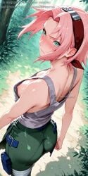 _yumidreams ai_generated ass ass_focus back_view blush downblouse female green_eyes hair_band headband highres konohagakure_symbol light-skinned_female loose_clothes loose_top medium_breasts naruto naruto_(series) naruto_shippuden nipple_slip nipples outdoors patreon_username round_ass sakura_haruno serious_face short_hair white_shirt