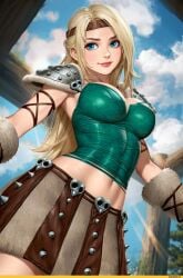 1girls abs armor astrid_hofferson big_breasts blonde_female blonde_hair blonde_hair blonde_hair_female blue_eyes blush breasts bustier clothed clothing color day dreamworks female female female female_focus female_only fit_female freckles hi_res highres how_to_train_your_dragon how_to_train_your_dragon:_the_hidden_world how_to_train_your_dragon_(series) large_breasts light-skinned_female light_skin lips long_hair looking_at_viewer midriff navel neoartcore patreon_username shoulder_armor skirt smile solo solo_female spiked_skirt tagme thick_thighs toned toned_female viking viking_female