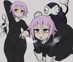 ahe_gao all_fours androgynous arm_up artist_signature ass bangs black_eyes black_robe clothed clothing crona_(soul_eater) cuffs cuffs_(clothing) cute duo fully_clothed half-closed_eyes hand_behind_head hatsumiilkshake human kneeling looking_away looking_up motion_lines narrowed_eyes on_all_fours one_arm_up open_mouth pale_skin pink_hair ragnarok_(demon_sword) robe saliva saliva_drip short_hair signature solo_focus soul_eater steam steamy_breath thick_thighs thighs tight_clothing tongue tongue_out wavy_mouth white_cuffs wide_hips x_eyes