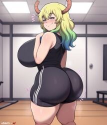 1girls ai_generated ass black_shirt black_shorts blonde_female blonde_hair blush bottom_heavy breasts bubble_butt dat_ass female_only gym_clothing horns huge_ass huge_breasts kobayashi-san_chi_no_maidragon light-skinned_female looking_at_viewer lucoa lucoa_(maidragon) quetzalcoatl_(dragon_maid) rednyx shorts smile thick_thighs thighs two_tone_hair