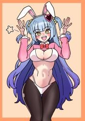 1girls blue_hair blush breasts bright_pupils bunny_ears cleavage eyebrows_visible_through_hair fake_animal_ears female female_only large_breasts light-skinned_female light_skin lobotomy_corporation long_hair looking_at_viewer navel open_mouth orange_background pantyhose project_moon queen_of_hatred rabbit_pose reverse_bunnysuit smile solo tied_hair twintails yellow_eyes 라아쿤_(raaccoon)