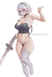 1girls ass big_breasts blue_eyes breasts choker female hi_res high_quality high_resolution highres huge_ass huge_breasts legwear melowh nier nier:_automata nier_(series) panties partially_clothed patreon_username solo_female sword thick_thighs thighhighs thighs topwear white_background white_hair yorha_2b