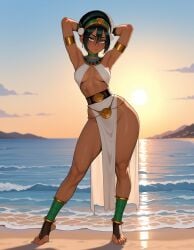 aged_up ai_generated arm_under_breasts avatar_legends avatar_the_last_airbender big_breasts black_hair breasts busty egyptian_clothes female female_only green_eyes headband jewelry looking_at_viewer nickelodeon thick_thighs thighs tied_hair toph_bei_fong