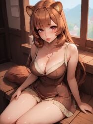 ai_generated bdmaestro cleavage cute dress female looking_at_viewer raphtalia sitting thighs