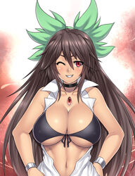 1girls bare_arms bra bracelet breasts brown_hair chest_gem choker cleavage female female_only front-tie_bra houtengeki large_breasts long_hair looking_at_viewer navel red_eyes shirt shirt_open solo_female tagme touhou underboob upper_body utsuho_reiuji winking