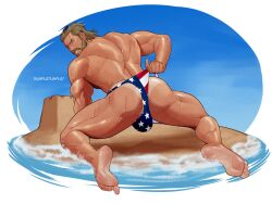 1boy back_view bara beach beard bulge captain_america captain_america_(marvel_rivals) captain_america_(series) facial_hair full_body hairy hairy_ass looking_back male male_focus male_only male_swimwear marvel marvel_comics marvel_rivals muscular muscular_male rumpletumple1 solo solo_male steve_rogers sunglasses sunglasses_on_head sweat sweating swimwear tanline